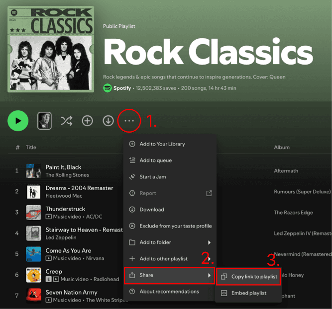 Share Spotify playlist menu screenshot